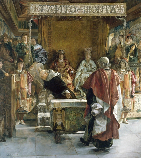Granada, rok 1492. Inkwizytor Tomas de Torquemada, sam pochodzący z rodziny żydowskich konwertytów, przekonuje parę królewską  – Izabelę Kastylijską i Ferdynanda Aragońskiego  – do wypędzenia Żydów z Hiszpanii.  Autorem obrazu z 1889 r. jest Emilio Sala Frances.