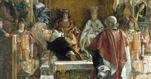 Granada, rok 1492. Inkwizytor Tomas de Torquemada, sam pochodzący z rodziny żydowskich konwertytów, przekonuje parę królewską  – Izabelę Kastylijską i Ferdynanda Aragońskiego  – do wypędzenia Żydów z Hiszpanii.  Autorem obrazu z 1889 r. jest Emilio Sala Frances.