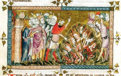 Żydzi paleni na stosie w 1349 roku.  W Europie Zachodniej oskarżano ich wtedy  o sprowadzenie epidemii czarnej śmierci.  Miniatura w księdze Antiquitates Flandriae z 1376-1377 r.
