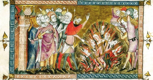 Żydzi paleni na stosie w 1349 roku.  W Europie Zachodniej oskarżano ich wtedy  o sprowadzenie epidemii czarnej śmierci.  Miniatura w księdze Antiquitates Flandriae z 1376-1377 r.
