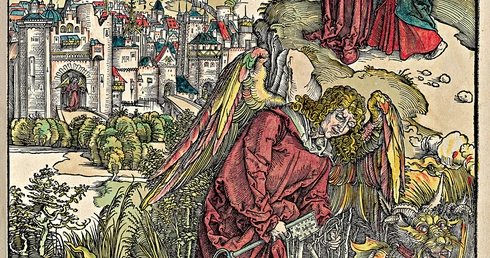 Albrecht Dürer Anioł z kluczem  do otchłani kolorowany drzeworyt na papierze, 1498 Biblioteka Houghton,  Cambridge (USA)