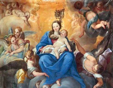 „Madonna z Dzieciątkiem ukazująca się św. Filipowi Nereuszowi i św. Julianie Falconeri” na płótnie z XVIII w.