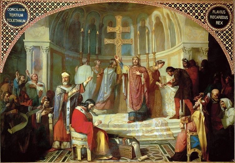 III synod w Toledo w 589 roku i konwersja na katolicyzm króla Wizygotów, Rekkareda I.  Obraz znajduje się w hiszpańskim senacie w Madrycie.  