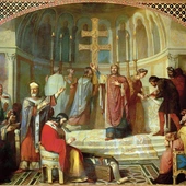 III synod w Toledo w 589 roku i konwersja na katolicyzm króla Wizygotów, Rekkareda I.  Obraz znajduje się w hiszpańskim senacie w Madrycie.  