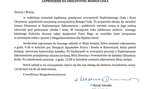 Archidiecezja Katowicka. Bp Marek Szkudło zaprasza na Uroczystość Bożego Ciała