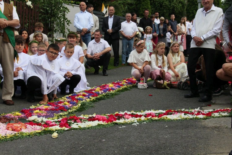 Procesja Bożego Ciała po kwietnym dywanie w Zimnej Wódce