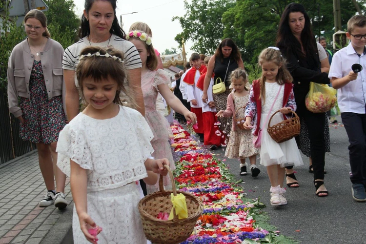 Procesja Bożego Ciała po kwietnym dywanie w Zimnej Wódce