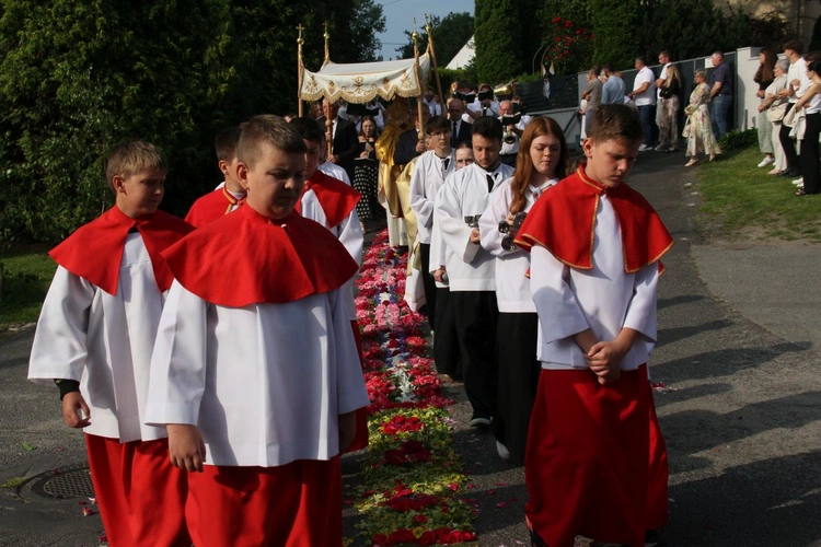 Procesja Bożego Ciała po kwietnym dywanie w Zimnej Wódce