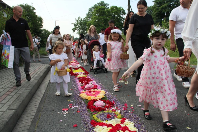 Procesja Bożego Ciała po kwietnym dywanie w Zimnej Wódce