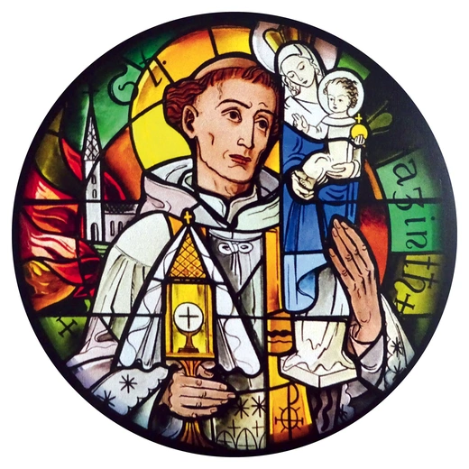 „Św. Jacek”,  1935 r.,  Karl Polster, Mayer'sche Hofkunstanstalt, Monachium. Kościół Chrystusa Króla, Gliwice.