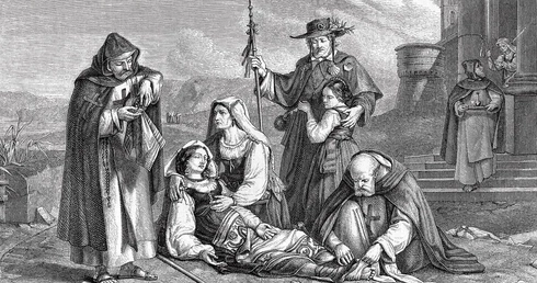 Pielgrzymi w drodze do Rzymu. Rycina z XIX wieku.