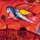 Marc Chagall, „Pieśń nad Pieśniami IV”. „Ja śpię, lecz serce me czuwa: Cicho! Oto miły mój puka! »Otwórz mi, siostro moja, przyjaciółko moja, gołąbko moja, ty moja nieskalana, bo pełna rosy ma głowa i kędziory me – kropli nocy«”. To jeden z  najbardziej znanych obrazów artysty z cyklu „Pieśń nad Pieśniami”.