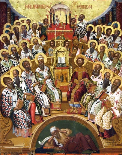 „Sobór nicejski” – ikona Michaela Damaskenosa﻿ z XVI wieku, przechowywana w muzeum w Heraklionie.