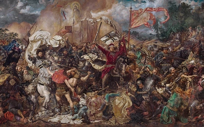 „Bitwa pod Grunwaldem” Jana Matejki – fragment z Wielkim Mistrzem Ulrichem von Jungingenem, który za moment zginie, oraz wielkim księciem litewskim Witoldem. W centrum Polak wyrywa Niemcowi krzyżacką chorągiew.