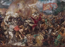 „Bitwa pod Grunwaldem” Jana Matejki – fragment z Wielkim Mistrzem Ulrichem von Jungingenem, który za moment zginie, oraz wielkim księciem litewskim Witoldem. W centrum Polak wyrywa Niemcowi krzyżacką chorągiew.