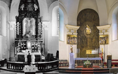 Późnobarokowa nastawa ołtarzowa w „starym” kościele MB Bolesnej w Rybniku, wzniesionym w latach 1788–1801 Po prawej to samo miejsce po soborze: pieta i malowidło o ciemnych barwach.