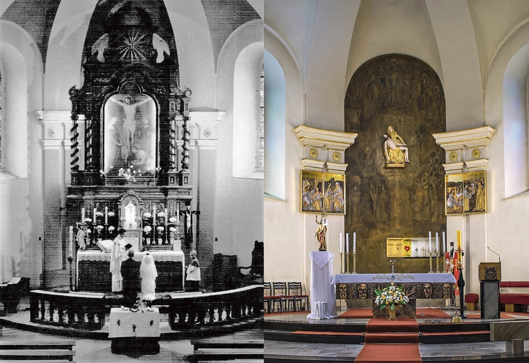 Późnobarokowa nastawa ołtarzowa w „starym” kościele MB Bolesnej w Rybniku, wzniesionym w latach 1788–1801 Po prawej to samo miejsce po soborze: pieta i malowidło o ciemnych barwach.