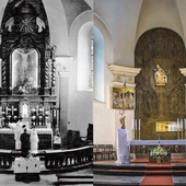 Późnobarokowa nastawa ołtarzowa w „starym” kościele MB Bolesnej w Rybniku, wzniesionym w latach 1788–1801 Po prawej to samo miejsce po soborze: pieta i malowidło o ciemnych barwach.