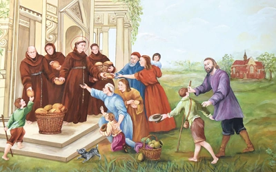 Św. Antoni uczy parafian miłosierdzia. 