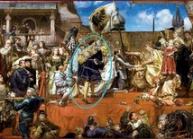 Książę Fryderyk II legnicki (zaznaczony) stoi za składającym hołd lenny Zygmuntowi Staremu Albrehtem Hochenzollernem. Podnosi w górę prawą rękę w geście poświadczenia i obietnicy, że będzie pilnował wypełniania postanowień układu