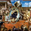 Książę Fryderyk II legnicki (zaznaczony) stoi za składającym hołd lenny Zygmuntowi Staremu Albrehtem Hochenzollernem. Podnosi w górę prawą rękę w geście poświadczenia i obietnicy, że będzie pilnował wypełniania postanowień układu