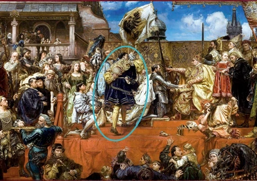 Książę Fryderyk II legnicki (zaznaczony) stoi za składającym hołd lenny Zygmuntowi Staremu Albrehtem Hochenzollernem. Podnosi w górę prawą rękę w geście poświadczenia i obietnicy, że będzie pilnował wypełniania postanowień układu
