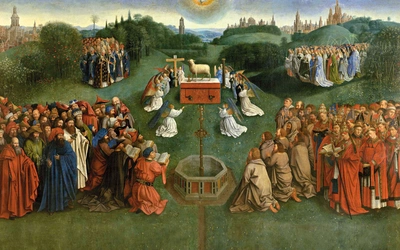 Wizja adoracji Baranka,  opisana w rozdziałach  4, 5 i 14 Apokalipsy św. Jana, z Ołtarza Gandawskiego autorstwa Huberta i Jana van Eycków.