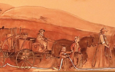 „Przeprowadzka” Kozian  na polichromii  w ewangelickim kościele Świętej Trójcy w Hołdunowie.