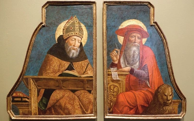 „Święty Augustyn  i Święty Hieronim”,  Giovanni Ambrogio  Bevilacqua,  Mediolan; tempera  i złocenie na desce.  Blanton Museum of Art,  Austin (Teksas).