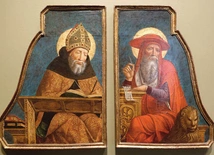 „Święty Augustyn  i Święty Hieronim”,  Giovanni Ambrogio  Bevilacqua,  Mediolan; tempera  i złocenie na desce.  Blanton Museum of Art,  Austin (Teksas).