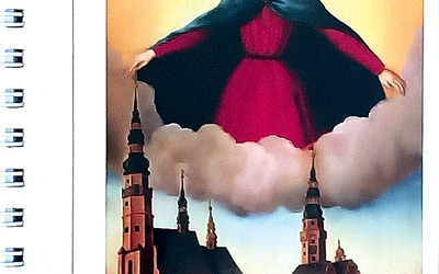 Okładka z wizerunkiem Matki Bożej okalającej płaszczem oblężone  miasto. 