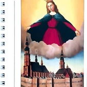 Okładka z wizerunkiem Matki Bożej okalającej płaszczem oblężone  miasto. 