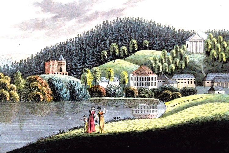 Park pałacowy w Bukowcu. Akwaforta kolorowana, Franz Stadler 1810.