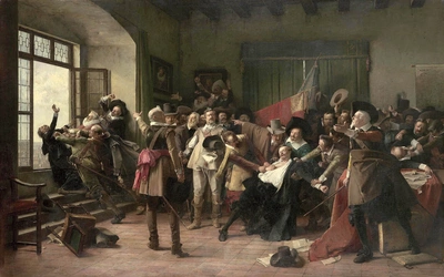 Druga defenestracja praska  – czescy protestanci  wyrzucają z okna zamku na Hradczanach cesarskich namiestników  Jarosława Borzitę i Wilhelma Slavatę oraz sekretarza Fabriciusa.  Obraz Václava Brožíka.