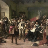 Druga defenestracja praska  – czescy protestanci  wyrzucają z okna zamku na Hradczanach cesarskich namiestników  Jarosława Borzitę i Wilhelma Slavatę oraz sekretarza Fabriciusa.  Obraz Václava Brožíka.