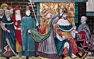 Koronacja Karola Wielkiego na cesarza przez papieża Leona III,  miniatura z Grandes Chroniques de France, Francja, XIV w., autor nieznany.