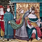 Koronacja Karola Wielkiego na cesarza przez papieża Leona III,  miniatura z Grandes Chroniques de France, Francja, XIV w., autor nieznany.