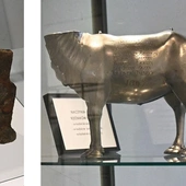 Fragment wystawy. Ręczna maszyna drukarska i ozdobne kielichy cechu rzeźniczego, tzw. wilkomy. 