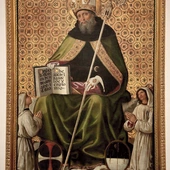 Bernardino di Betto,  zwany Pinturicchio,  „Święty Augustyn  zasiadajacy na tronie pomiędzy  trzema biczownikami”,  1499 rok,  Muzeum Narodowe  Umbrii w Perugii.