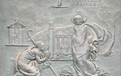 Spotkanie Piotra z Jezusem na Via Appia Antica – głównej drodze prowadzącej do Rzymu (fragment zdobienia drzwi Bazyliki św. Pawła za Murami).