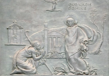 Spotkanie Piotra z Jezusem na Via Appia Antica – głównej drodze prowadzącej do Rzymu (fragment zdobienia drzwi Bazyliki św. Pawła za Murami).