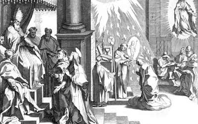 Trzy sceny z życia św. Katarzyny ze Sieny, która w mrocznych czasach przyczyniła się do odnowy Kościoła i autorytetu papiestwa. Od lewej: Katarzyna prosi papieża Grzegorza XI o powrót z Awinionu do Rzymu; podczas Mszy św. Chrystus ukazuje się Katarzynie jako mały chłopiec, Katarzyna ukazuje się uczonym.