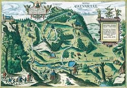 Mons Calvariae, najstarsza panorama sanktuarium kalwaryjskiego z 1617 r. umieszczona w dziele: G. Brauna, Civitates orbis terrarum, t. VI, Coloniae 1617